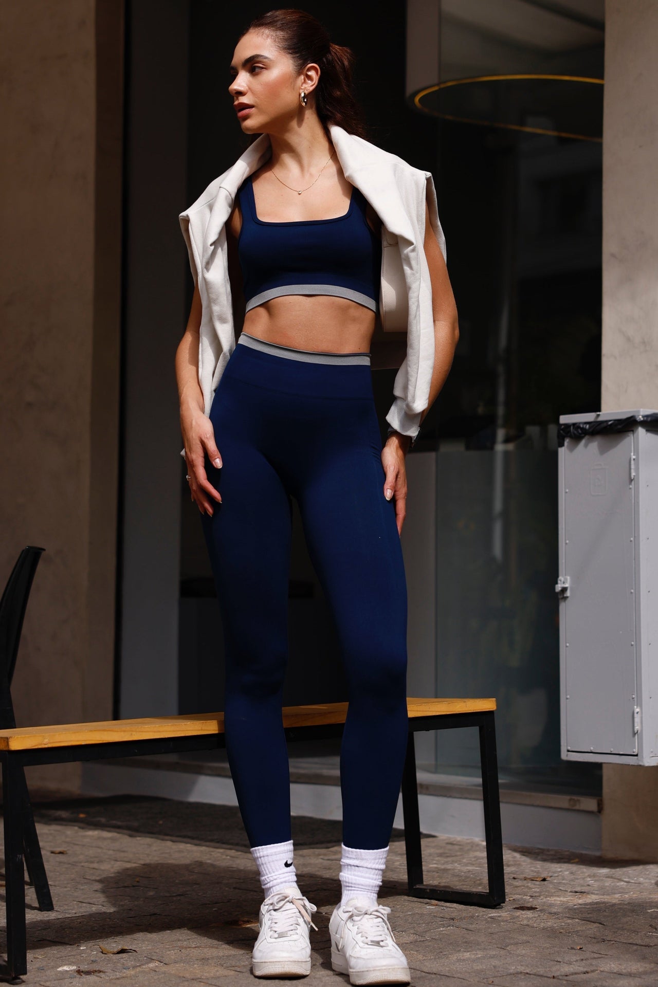 Legging Stripe Seamless Azul Marinho&Rhodium